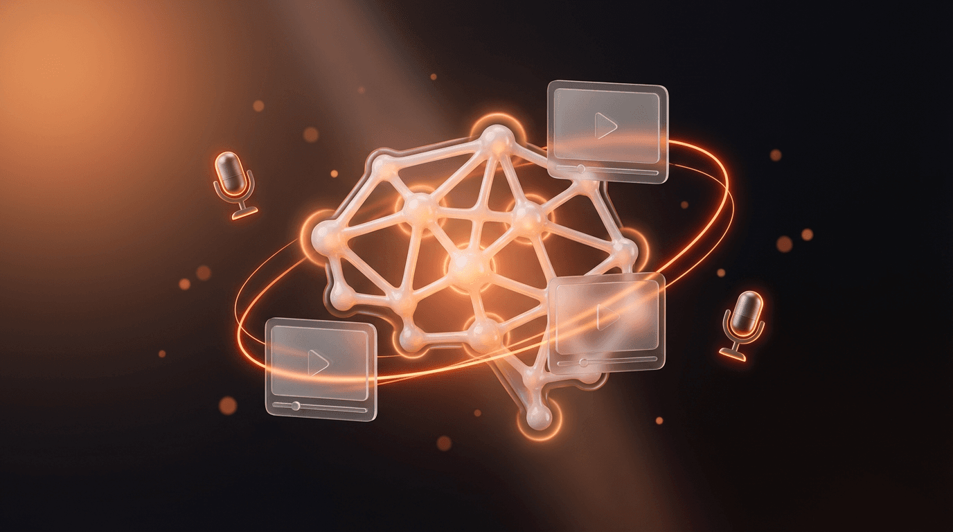 DeepReel AI video creation concept illustration showing a glowing neural network connected to microphones and video screens, symbolizing AI processing of audio and video.