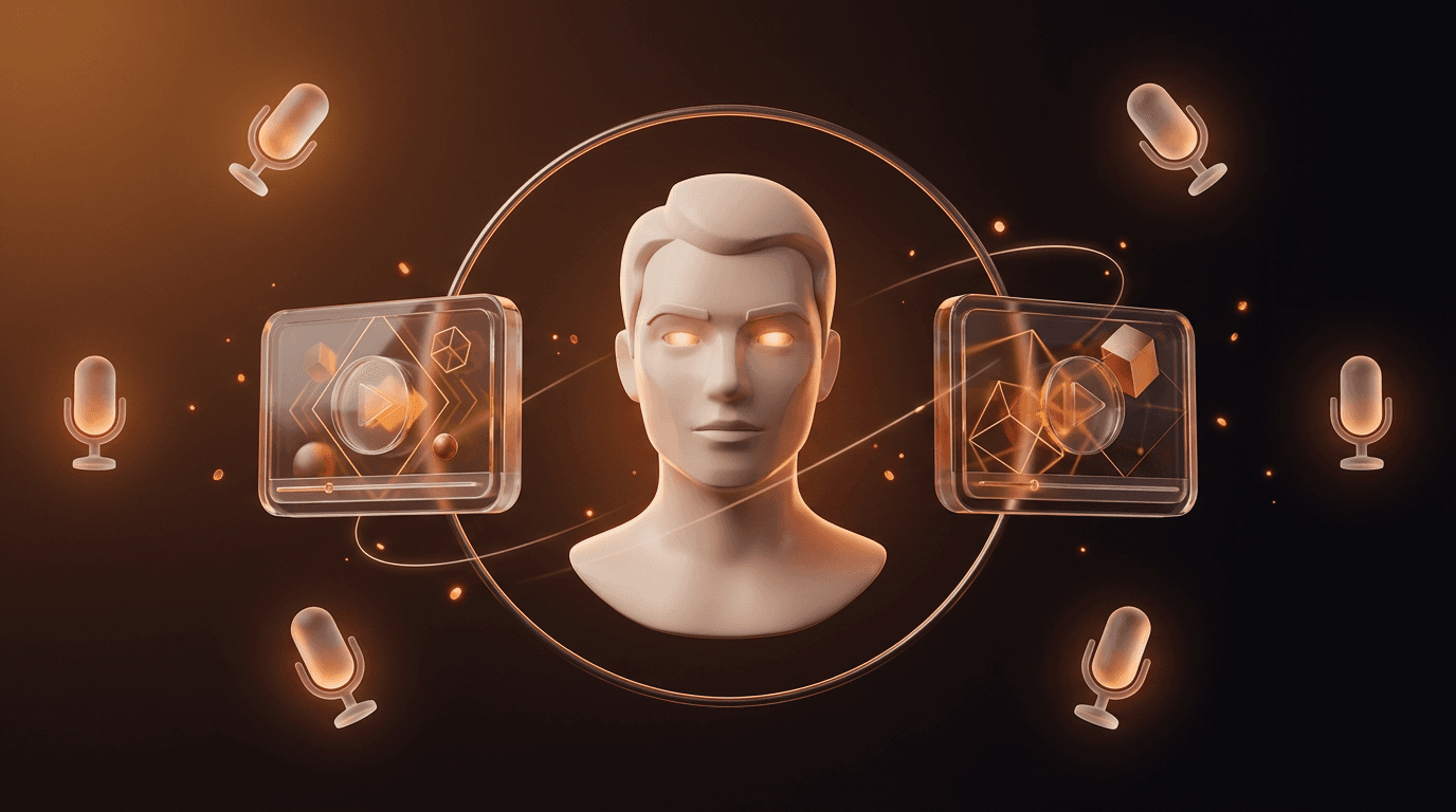 DeepReel AI video creation hero image with a central AI avatar head, glowing eyes, surrounded by video players and microphones, symbolizing AI-powered video and audio content generation for coaches.