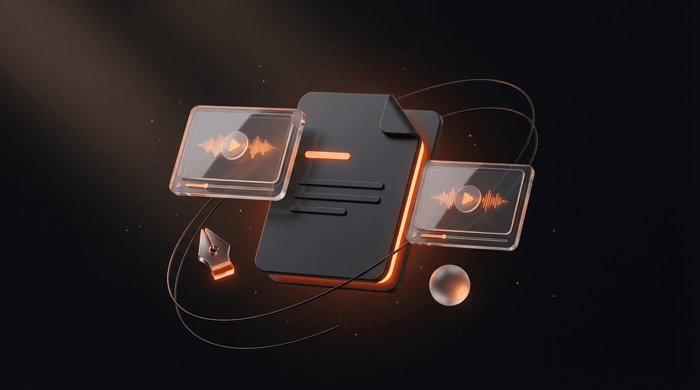 DeepReel conceptual hero image illustrating AI-powered article-to-video creation, featuring document, video player, and pen tool icons with glowing orange accents.