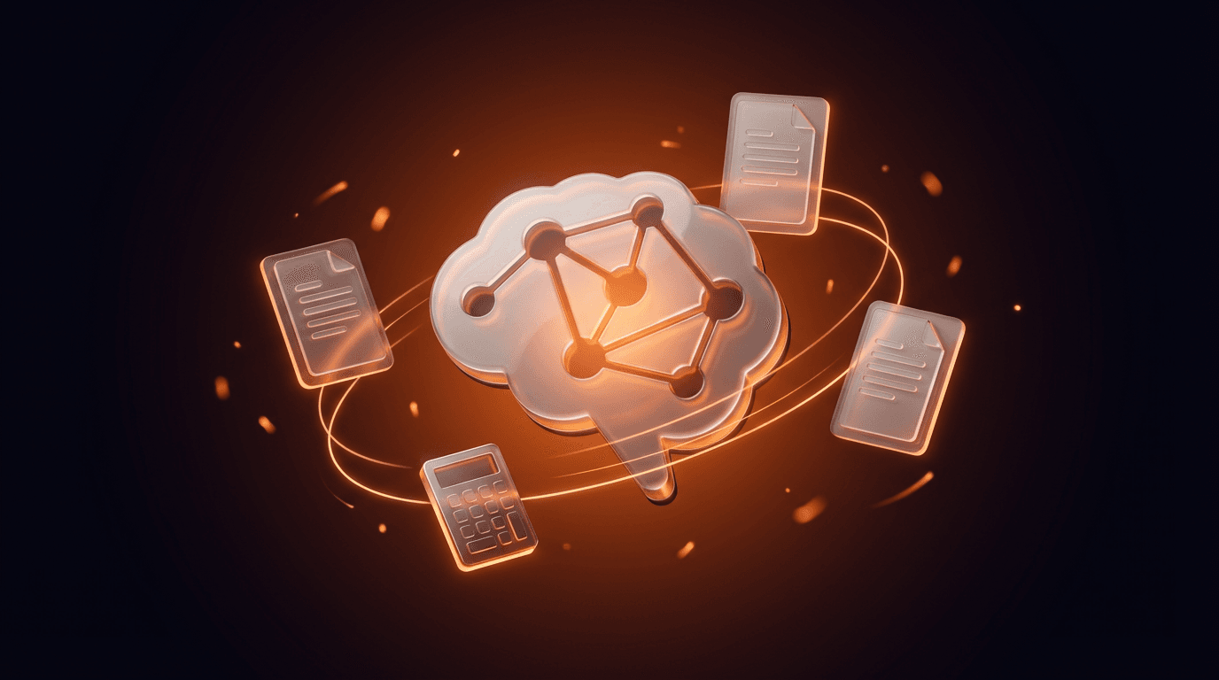DeepReel conceptual image showing a glowing AI brain processing documents and a calculator, representing intelligent data analysis for video creation in financial services.