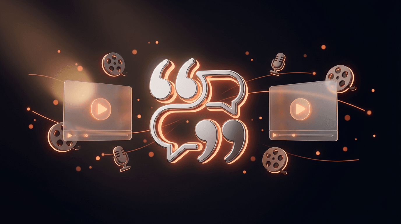 DeepReel hero image illustrating AI video testimonials and content creation with glowing quote marks, video players, microphones, and film reels.