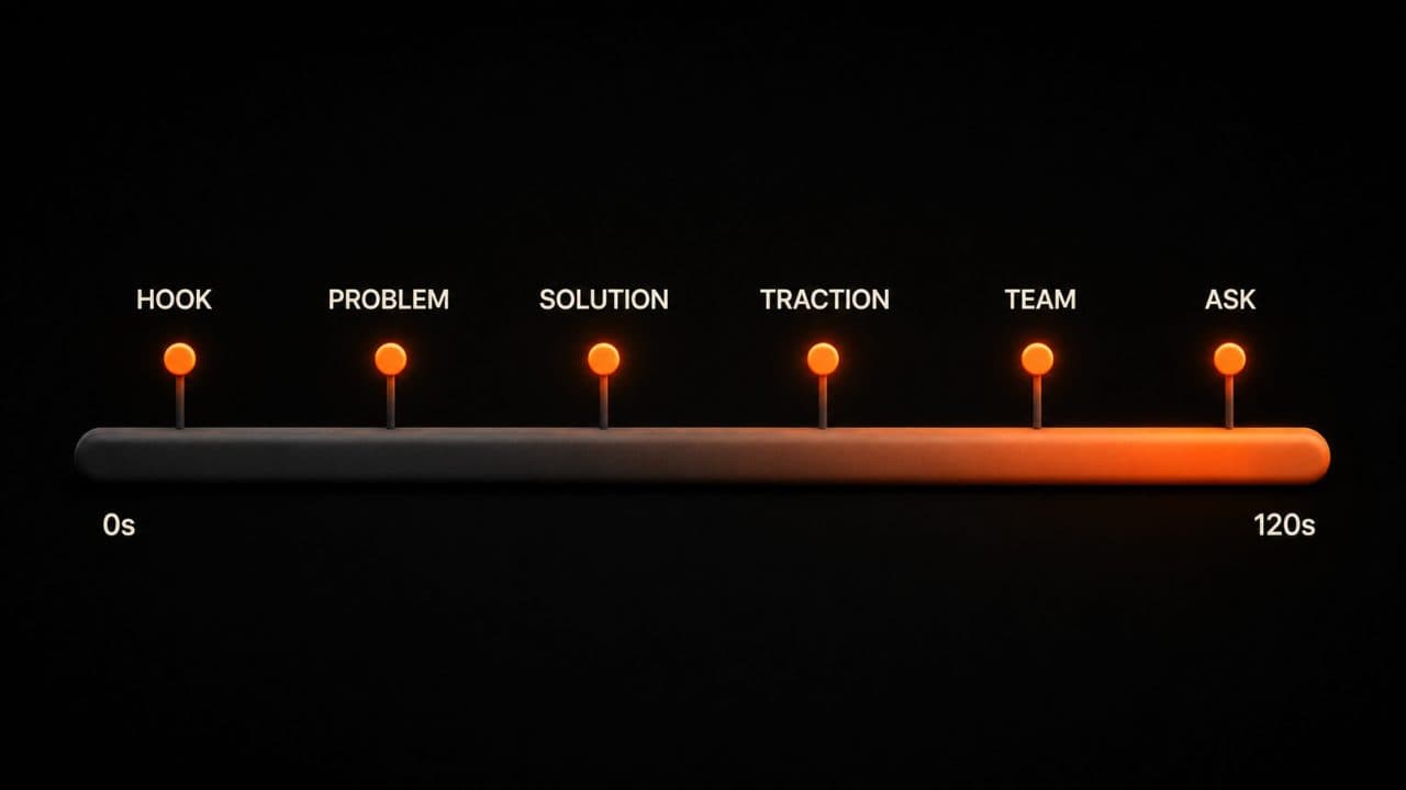 A two-minute pitch video timeline showing six sections from hook through problem, solution, traction, team, to ask