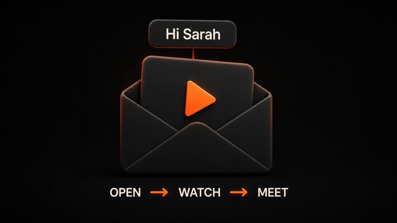 A personalized pitch video email with a name tag showing the investor outreach flow from open to watch to meeting