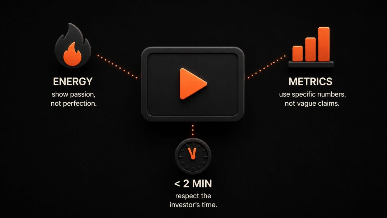 Three pitch video essentials around a video frame showing energy, specific metrics, and short duration under two minutes