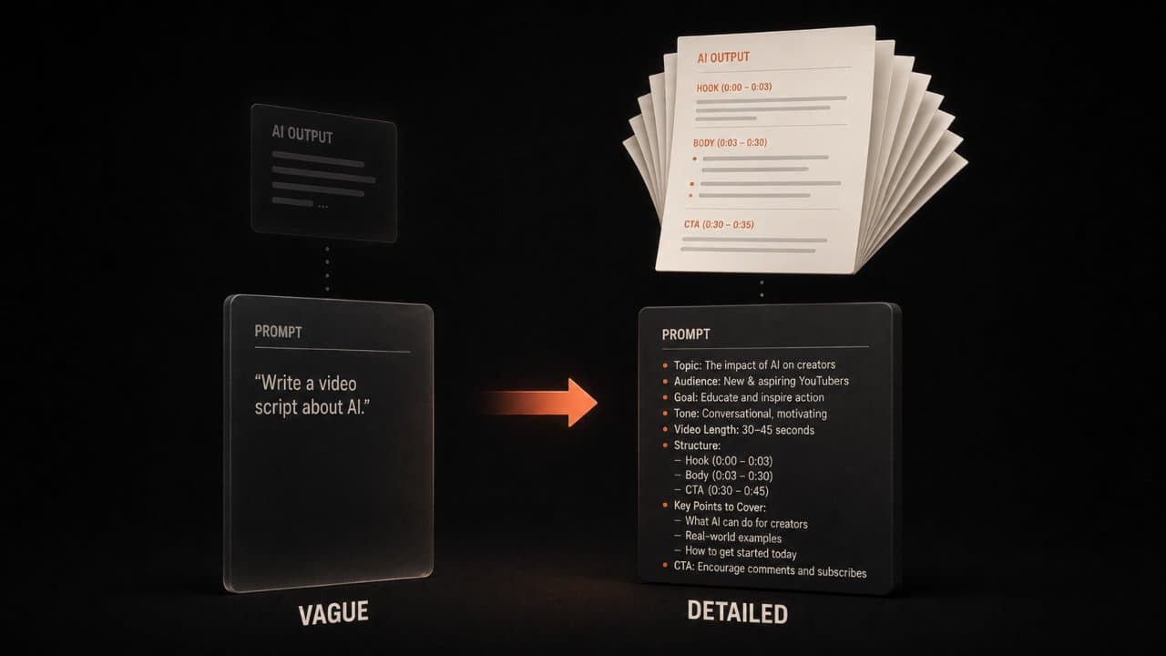 Stylized 3D scene comparing a thin vague prompt card with a rich detailed prompt card that expands into a full script