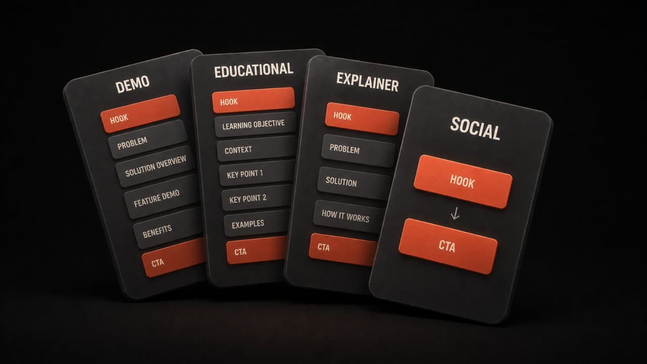 3D editorial illustration of four script template cards labeled Social Explainer Educational and Demo stacked at angles