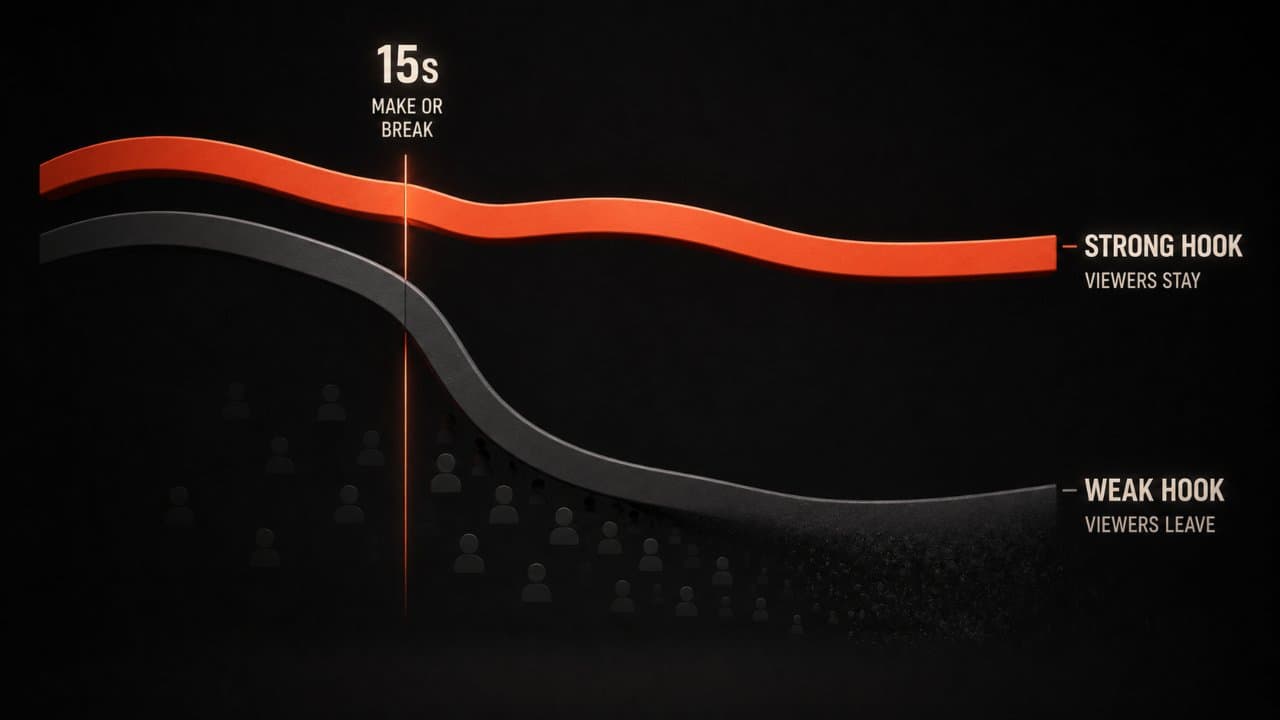 3D editorial illustration of a viewer retention curve dropping sharply at the 15-second mark with a strong-hook curve holding steady