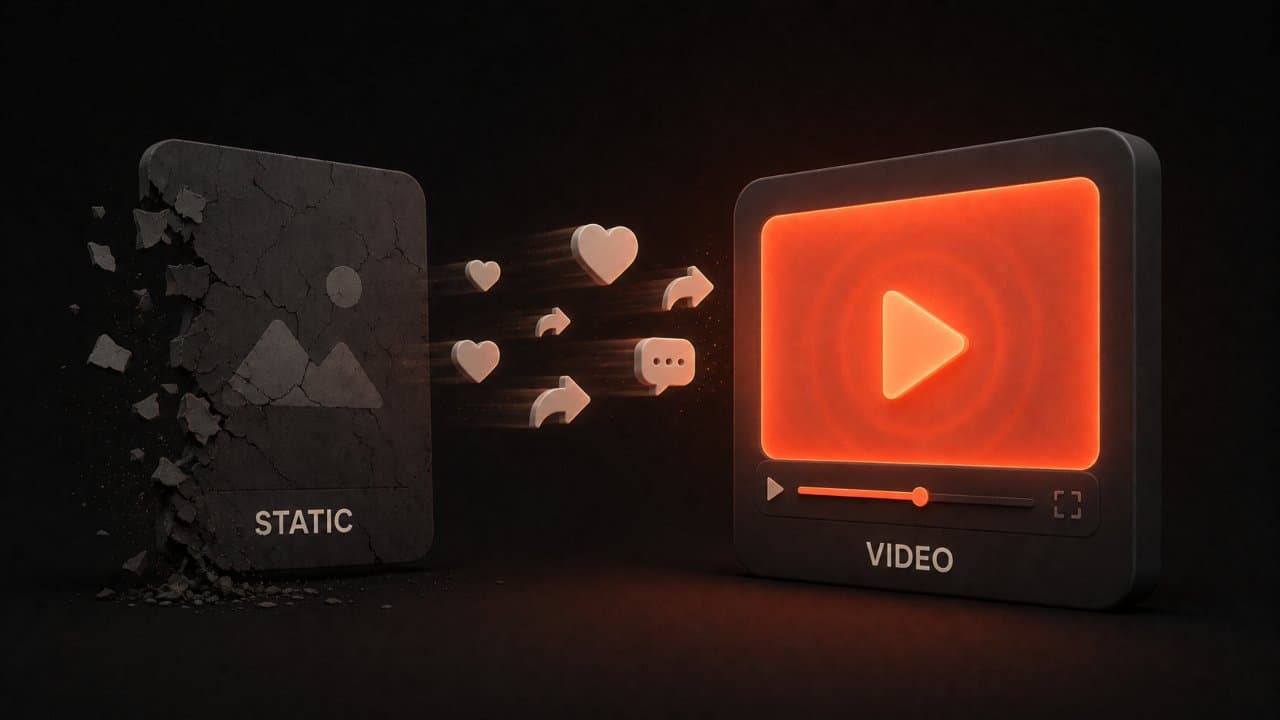 Stylized 3D scene comparing a fading static ad card with a vibrant video player showing higher engagement