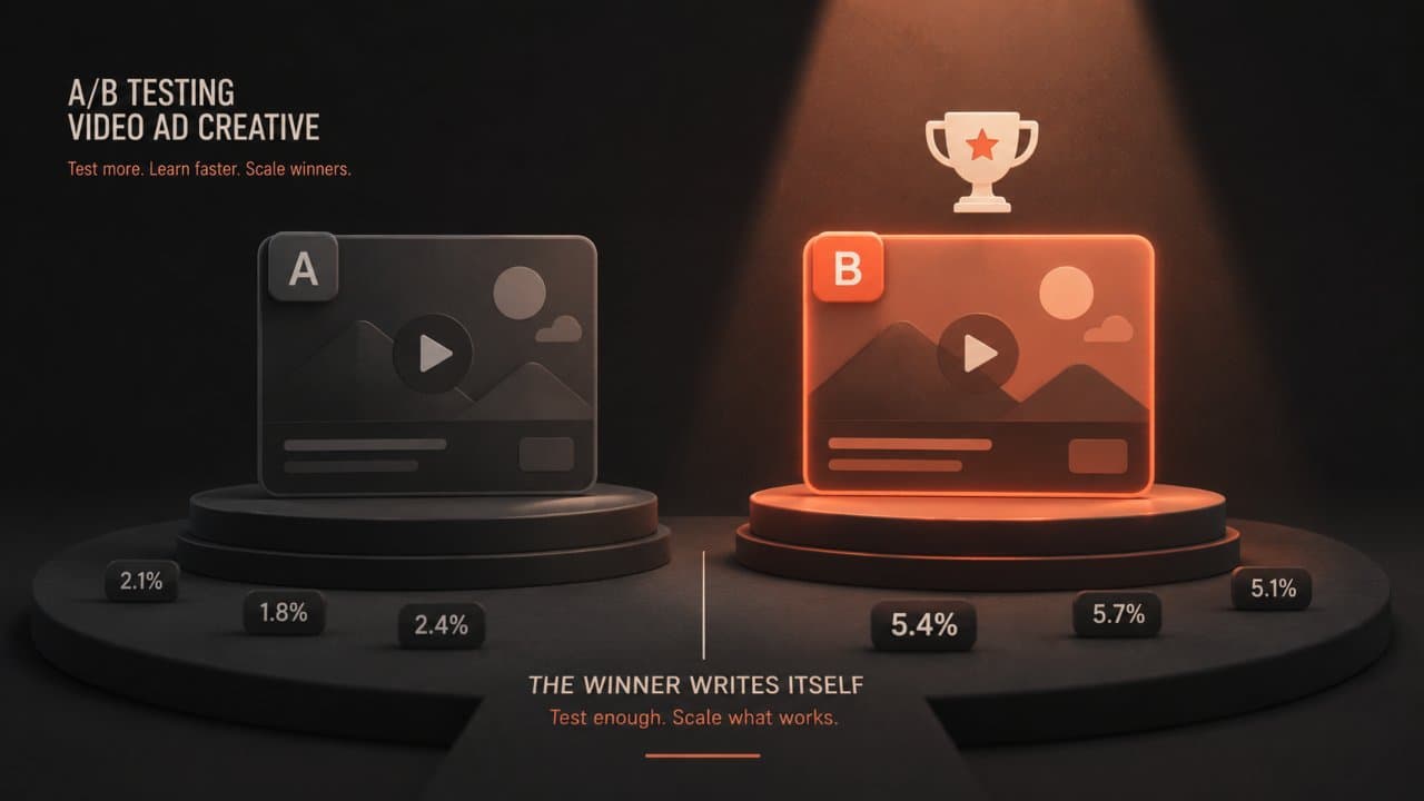 Stylized 3D split-test stage showing two ad creative variants with a spotlight crowning the higher-performing one