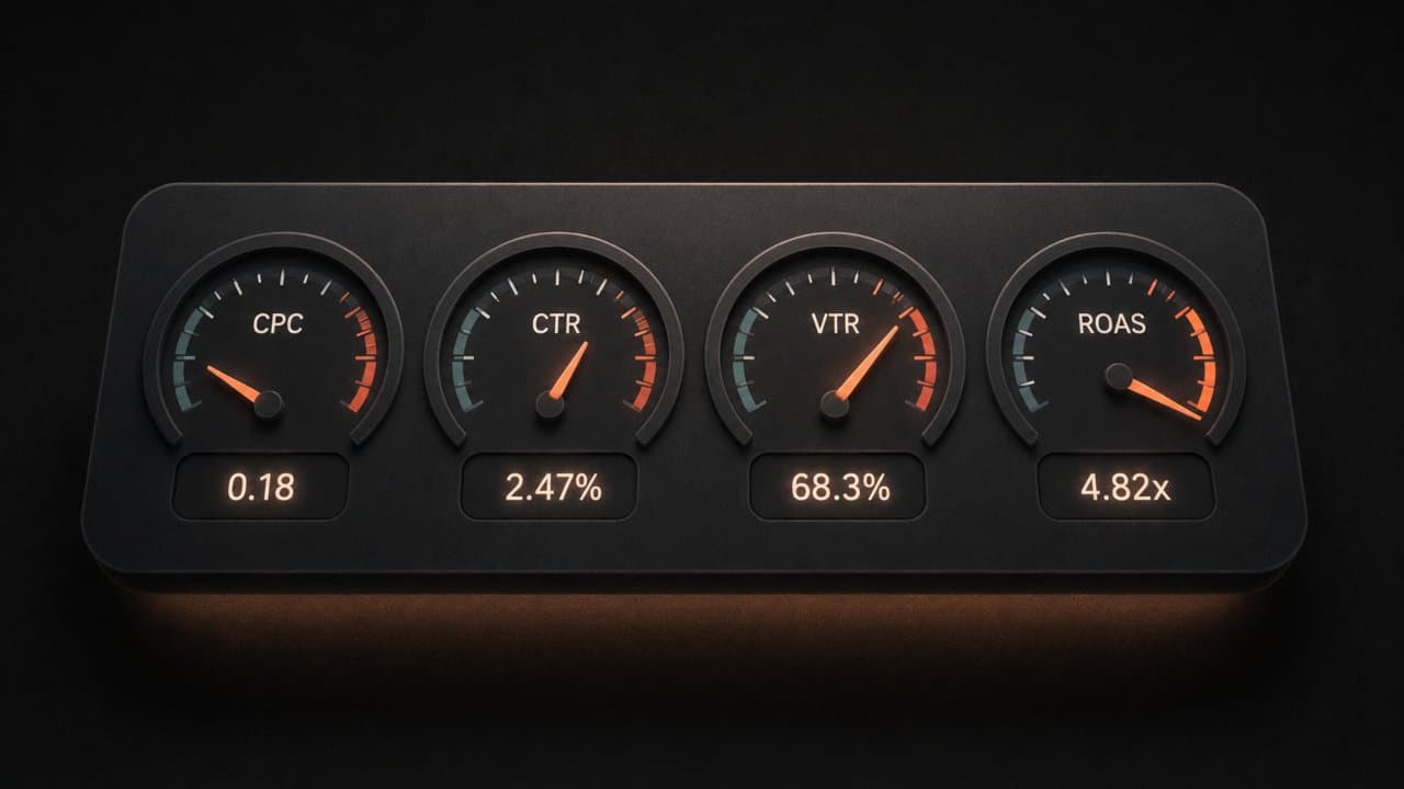 3D editorial illustration of a dark performance dashboard with glowing metric gauges for CPC CTR and ROAS