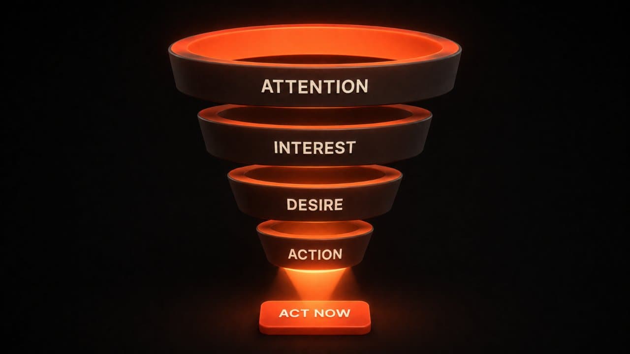 3D editorial illustration of the AIDA framework as four descending funnel rings labeled Attention Interest Desire Action