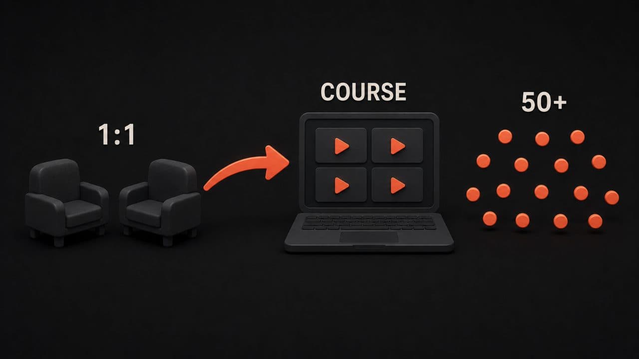 One-on-one coaching transforming into a video course that reaches fifty-plus students