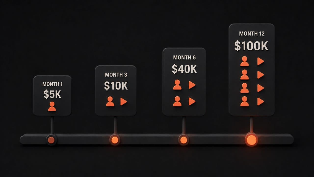 A coaching revenue timeline growing from five thousand dollars to one hundred thousand dollars over twelve months