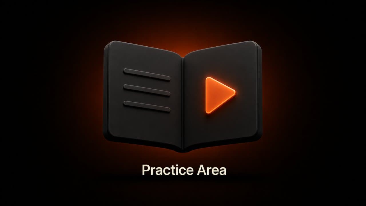 An open legal book with a play button representing practice area explainer videos