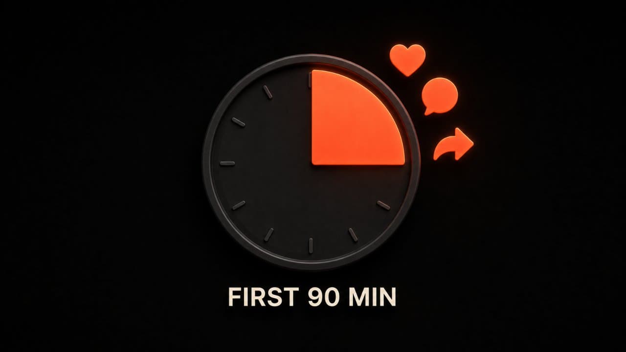 A clock showing the critical first ninety minutes of engagement that triggers LinkedIn algorithm distribution
