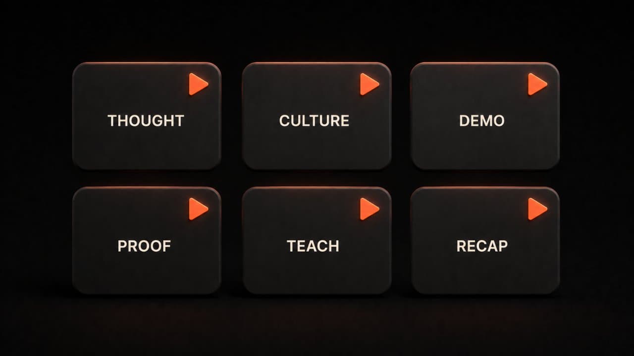 Six LinkedIn video format cards showing thought leadership, culture, demos, proof, teaching, and recaps