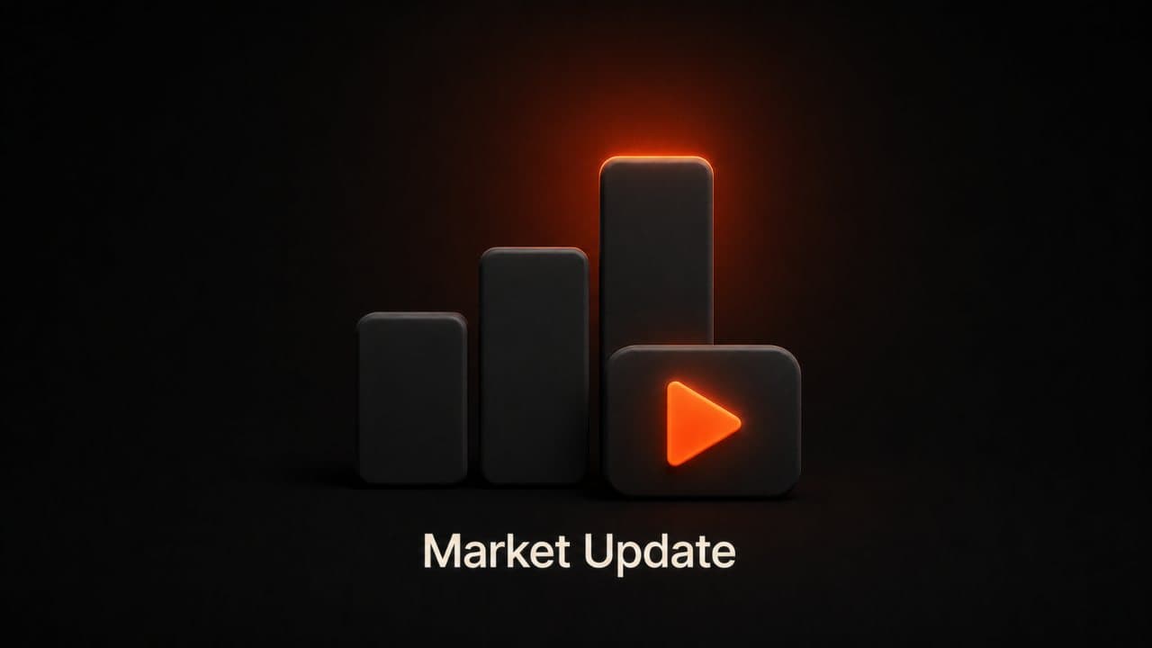 A 3D bar chart with a play button representing monthly real estate market update videos