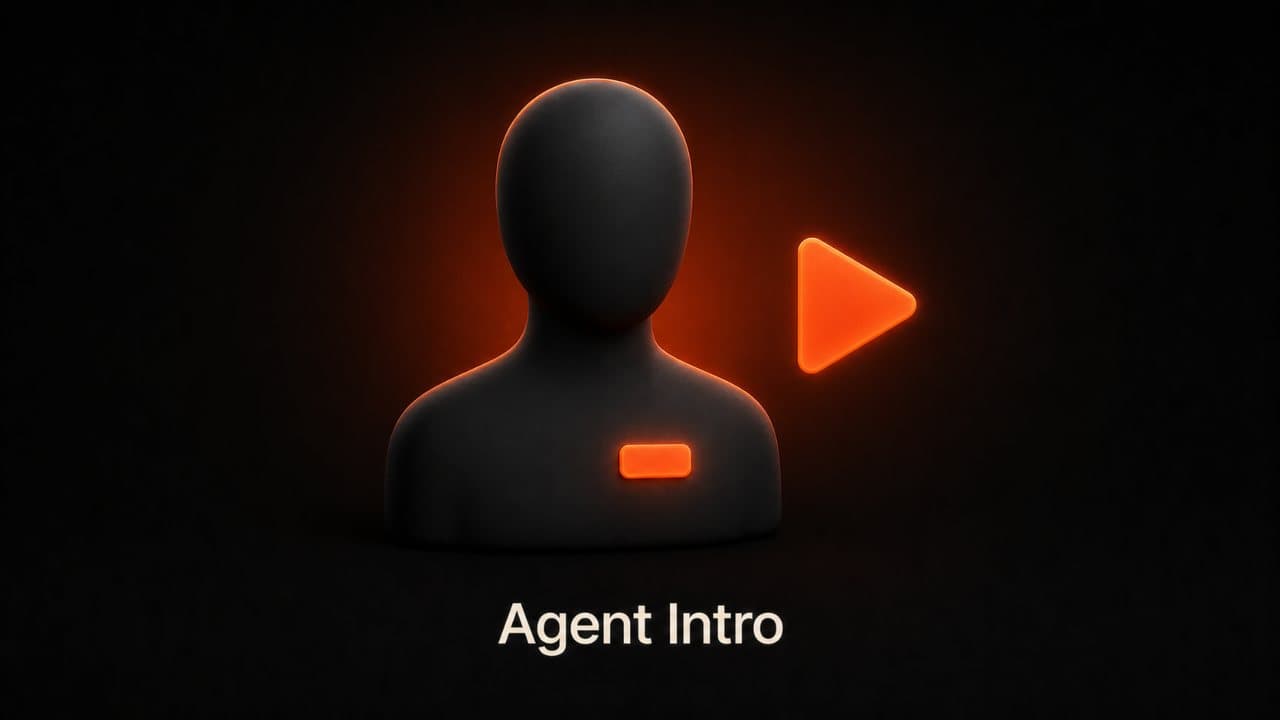 A featureless avatar bust with a badge and play button representing agent introduction videos