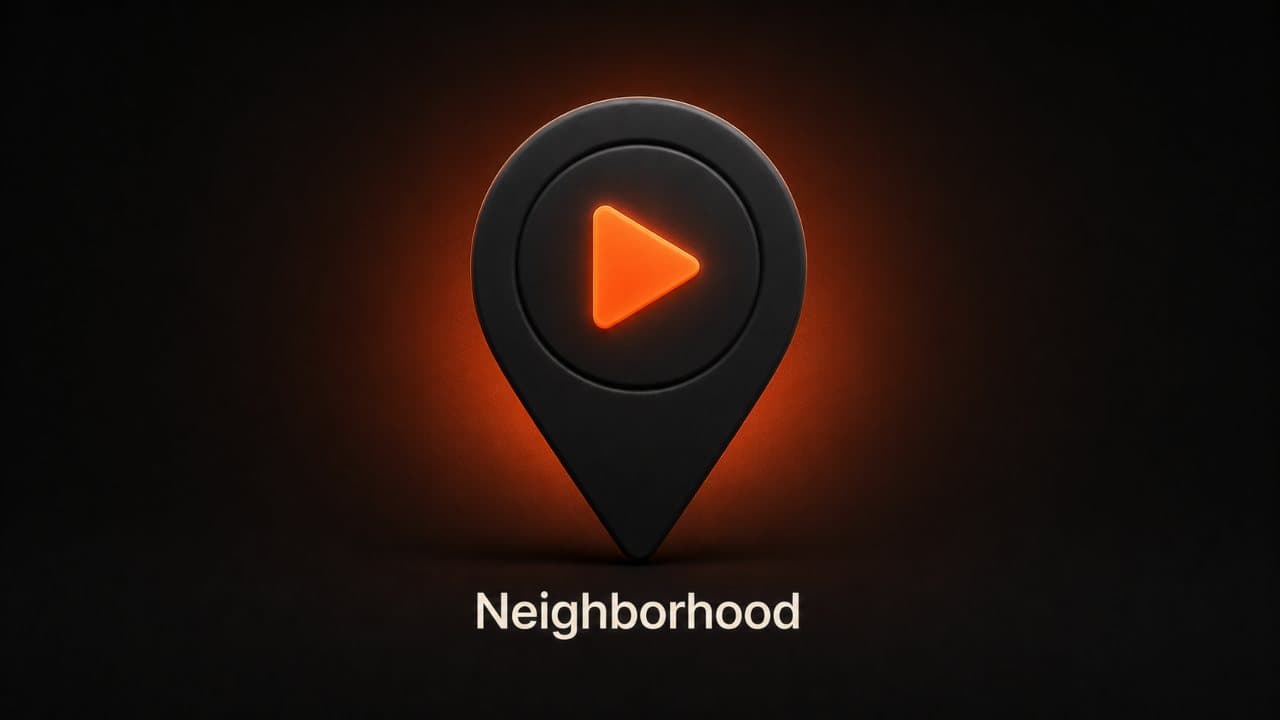 A 3D map pin with a play button representing neighborhood guide videos