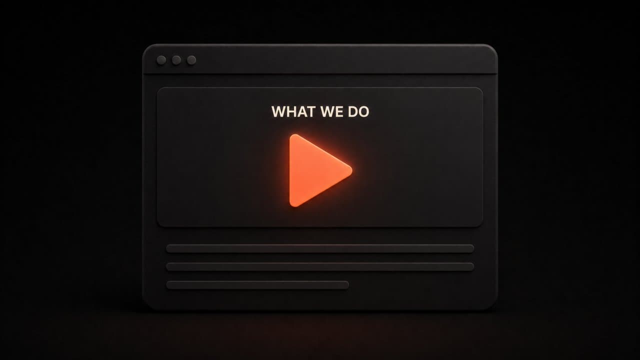A website homepage with a play button in the hero section representing a service explainer