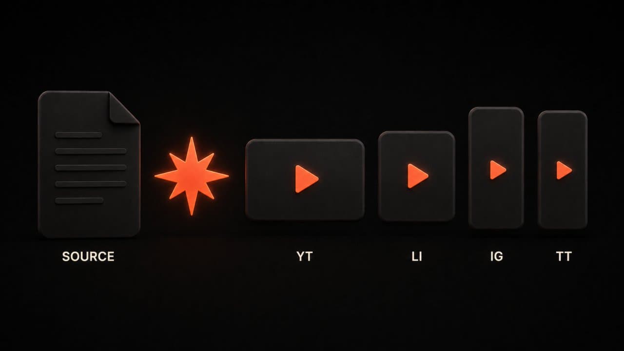 One piece of source content splitting into four platform-specific video formats for YouTube, LinkedIn, Instagram, and TikTok