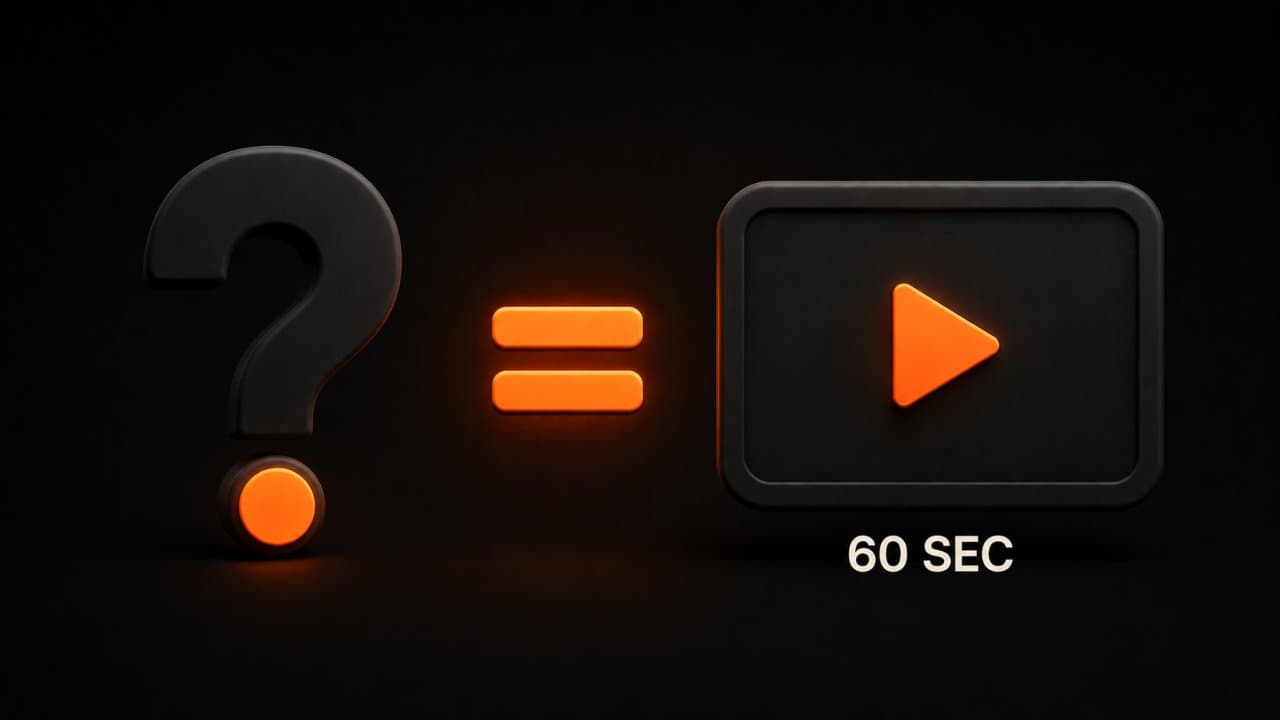A question mark equaling a sixty-second video answer for self-serve FAQ content