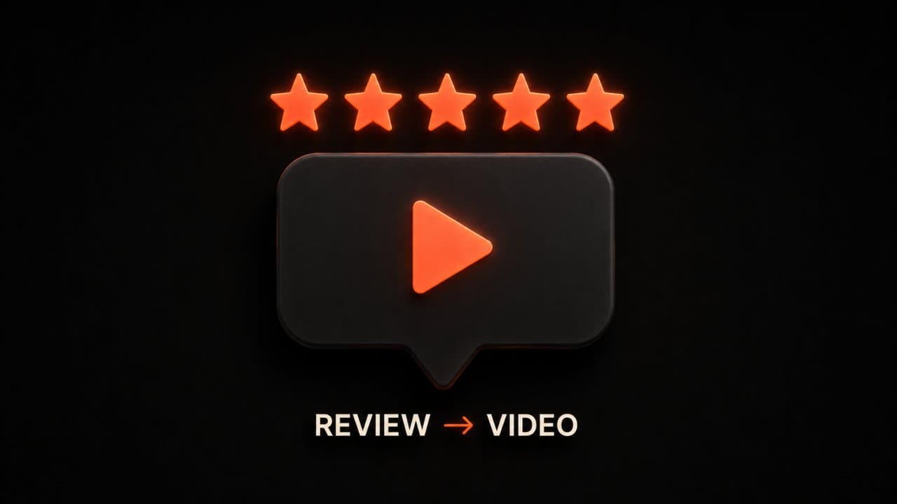 A five-star customer review transforming into a video testimonial with a play button
