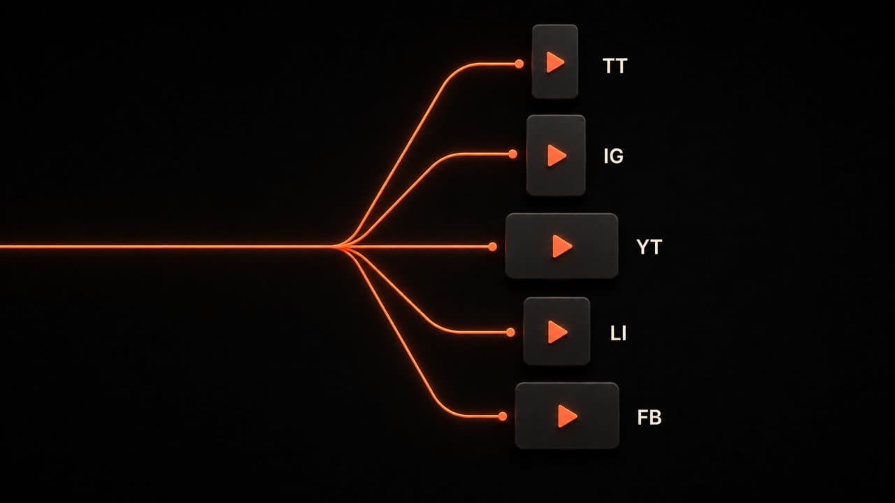 Five platform silhouettes showing different video format requirements for TikTok, Instagram, YouTube, LinkedIn, and Facebook