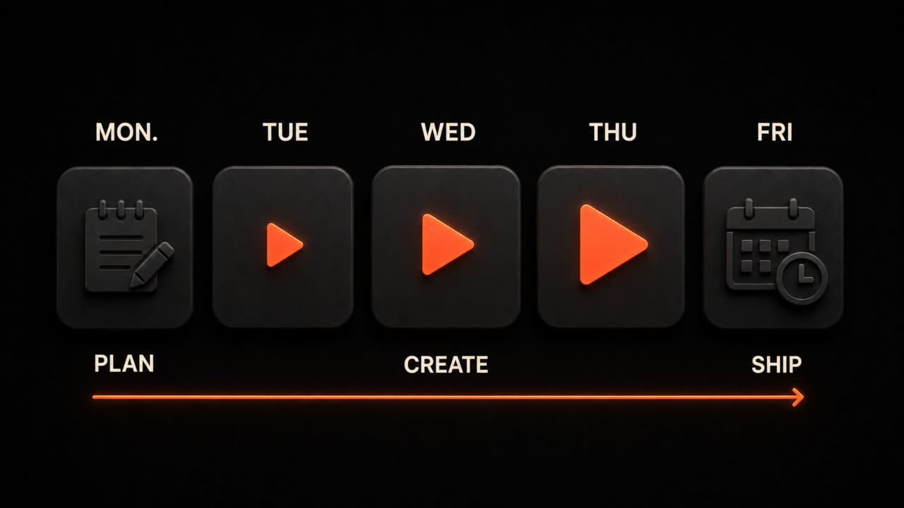 A weekly social media video workflow from Monday planning through midweek creation to Friday scheduling