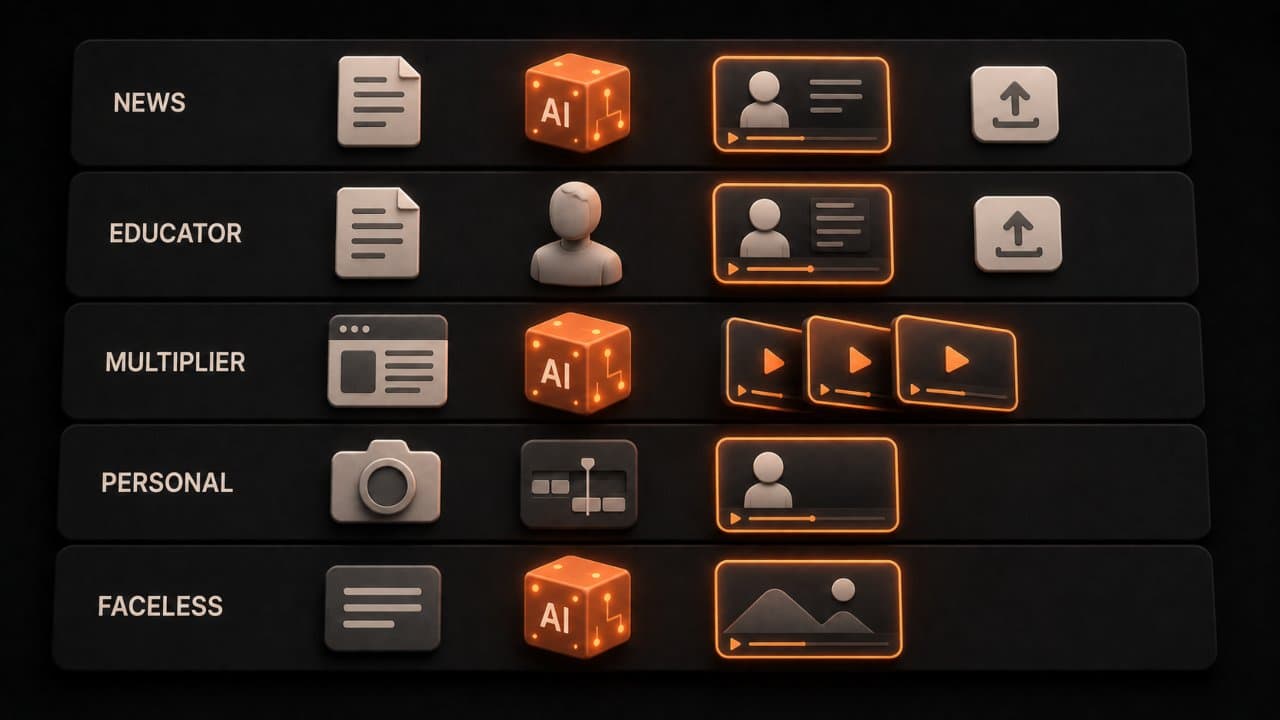 3D editorial illustration of five parallel workflow lanes each showing a different creator type flowing from script to published video