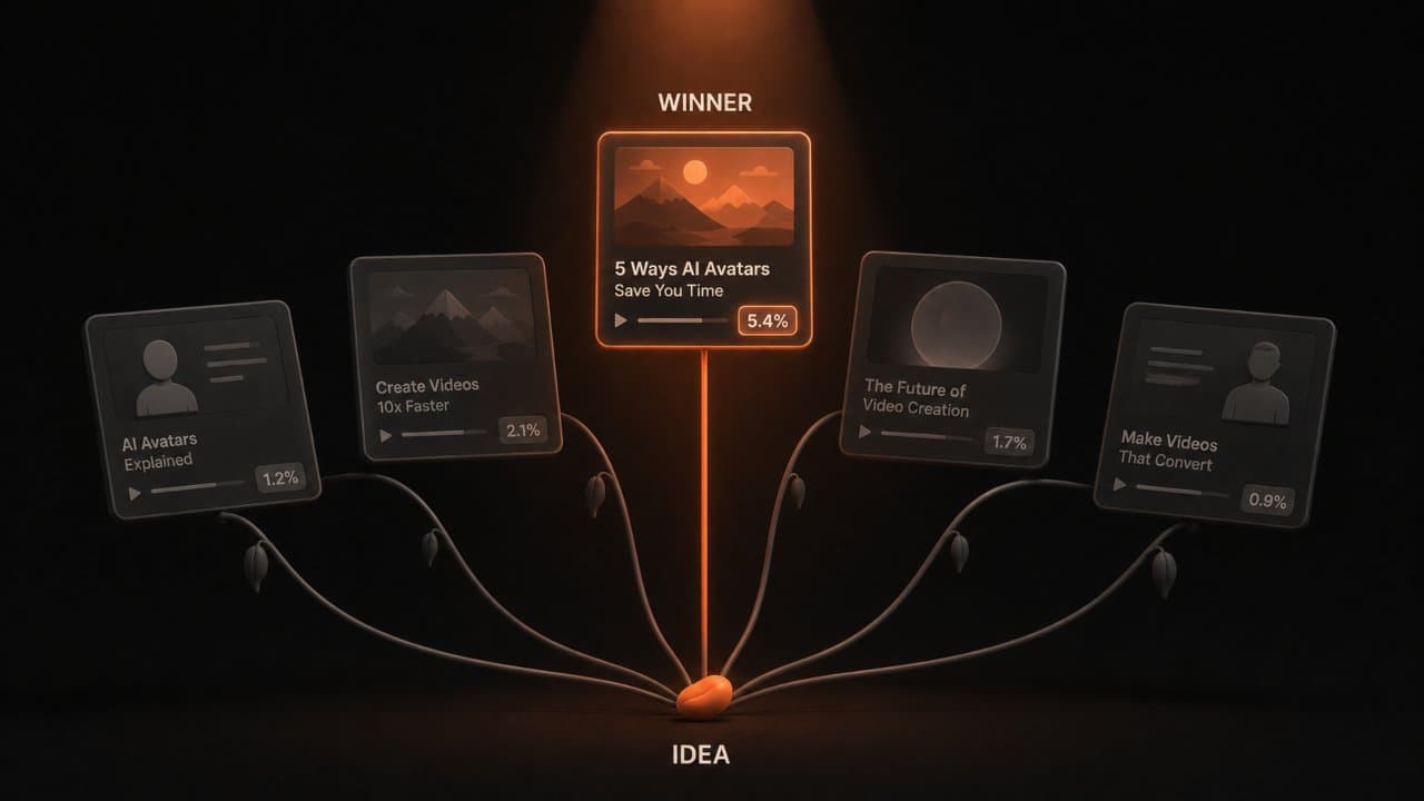 Stylized 3D scene of a single idea seed sprouting into five video variations with a spotlight on the winning performer