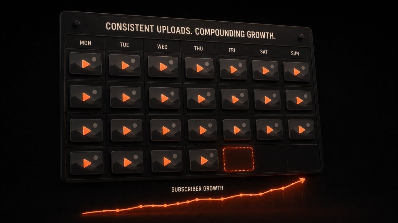 3D editorial illustration of a weekly calendar grid steadily filling with video thumbnail cards showing consistent upload rhythm