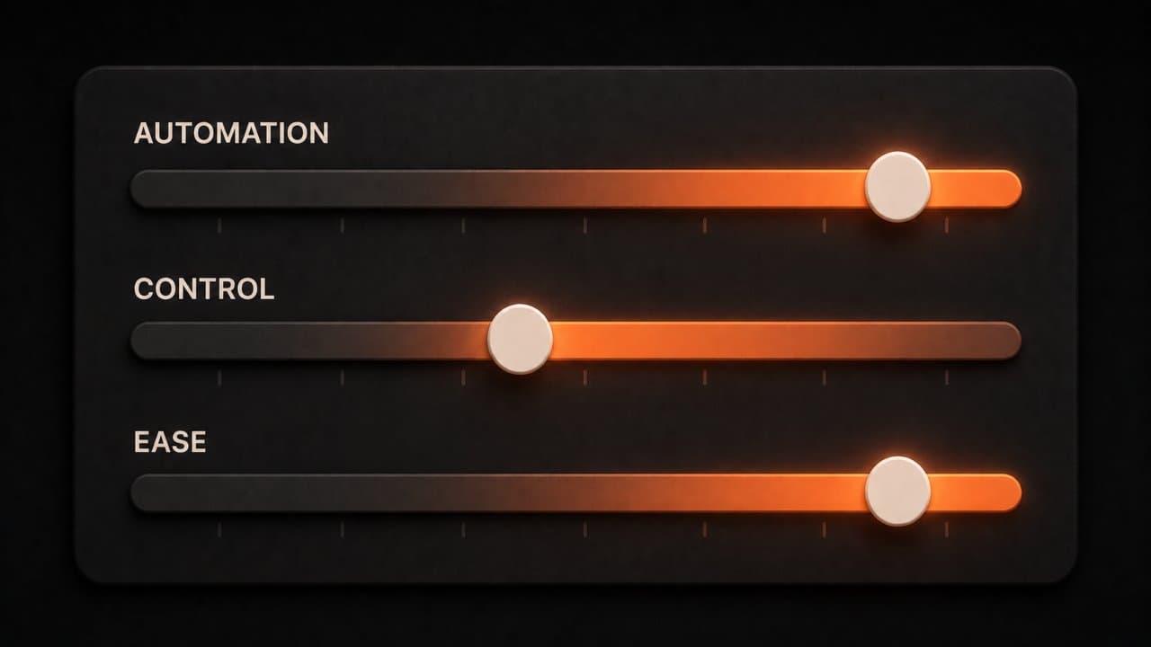 Stylized 3D scene of three horizontal slider controls labeled Automation Control and Ease each set to different positions