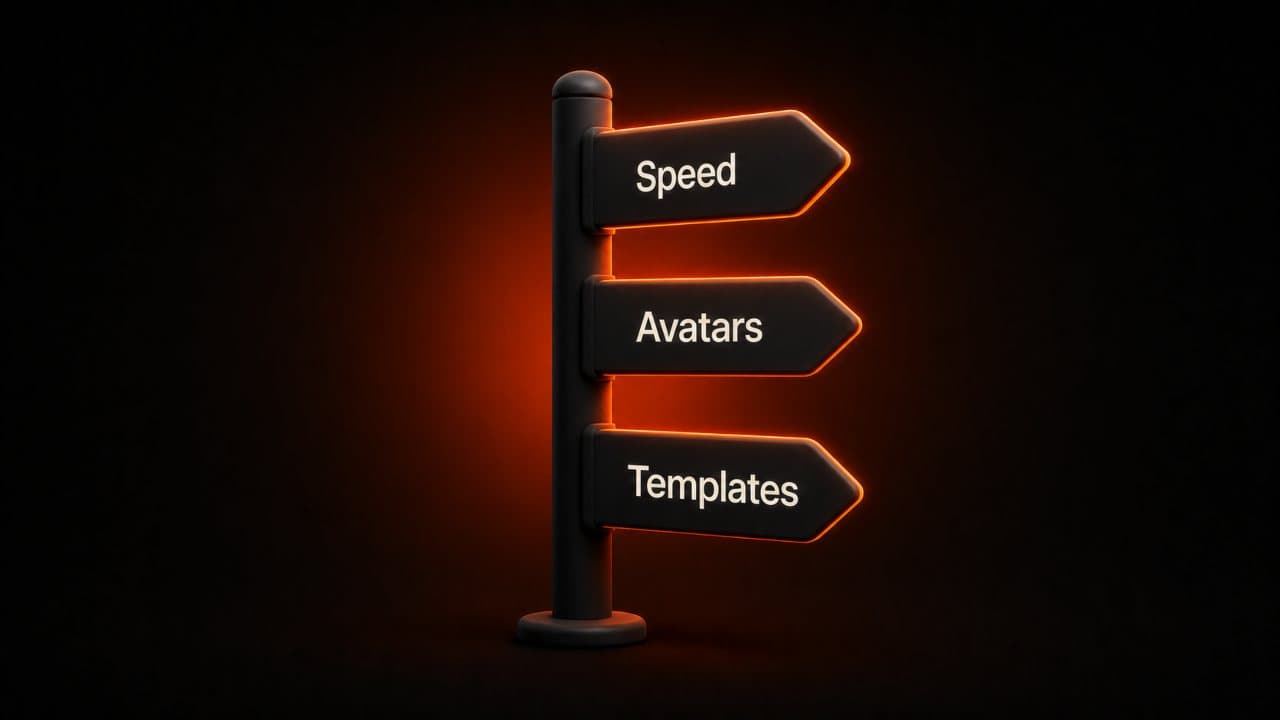 A signpost with three directional arrows labeled Speed, Avatars, and Templates for choosing a video platform