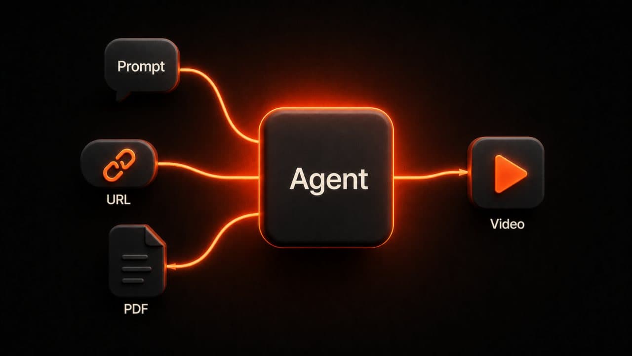 DeepReel AI agent accepting prompts, URLs, and documents and outputting finished video