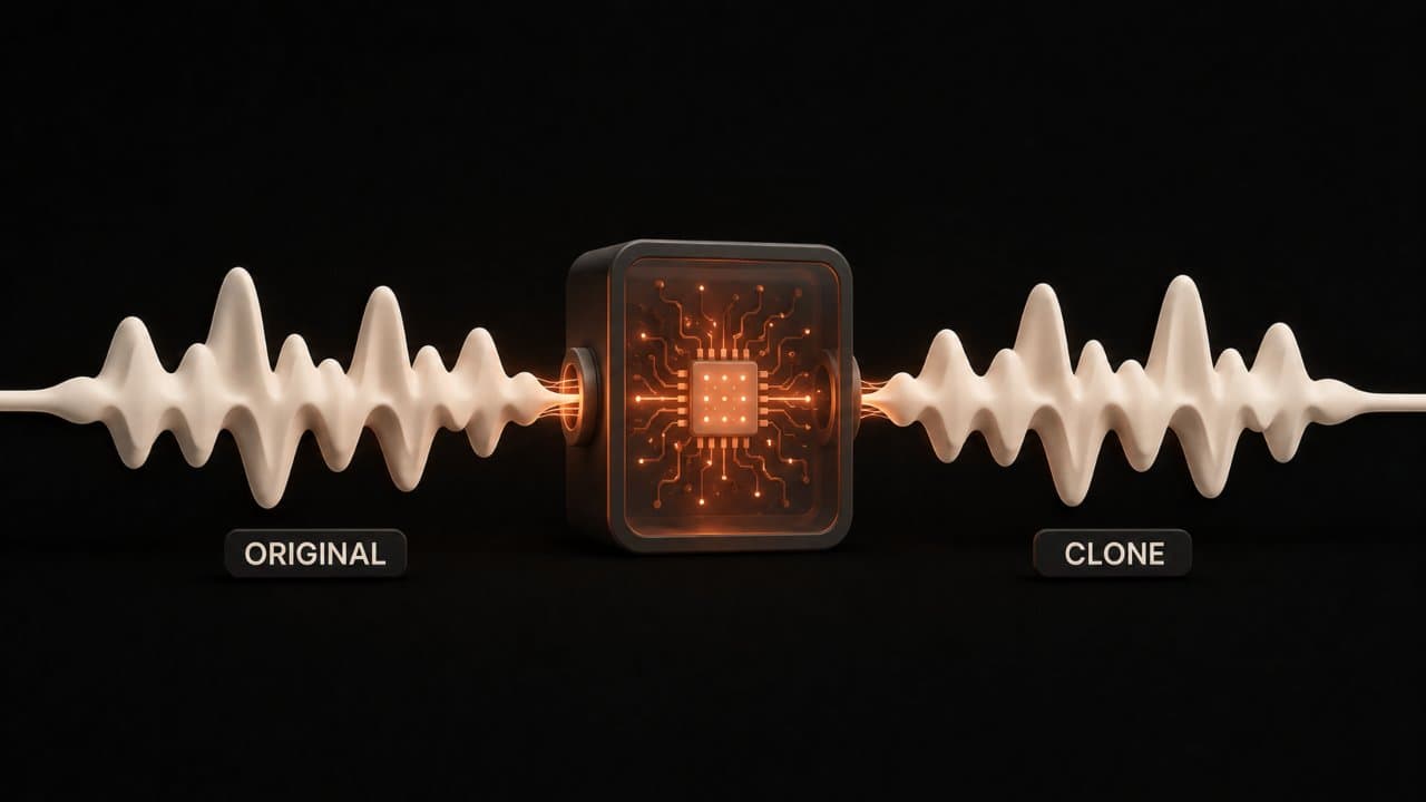 3D editorial illustration of a voice waveform entering a processing core and emerging as an identical cloned waveform