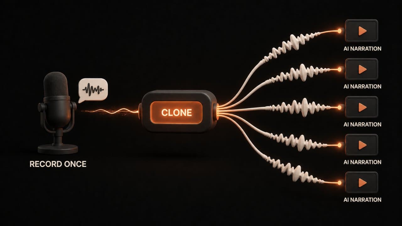 Stylized 3D scene of a single microphone recording flowing into a capsule that produces unlimited narration streams
