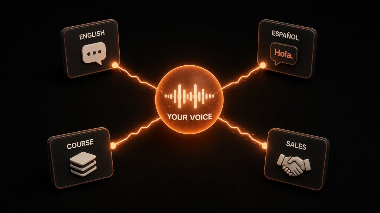 3D editorial illustration of a single voice node splitting into branches labeled English Spanish Course and Sales