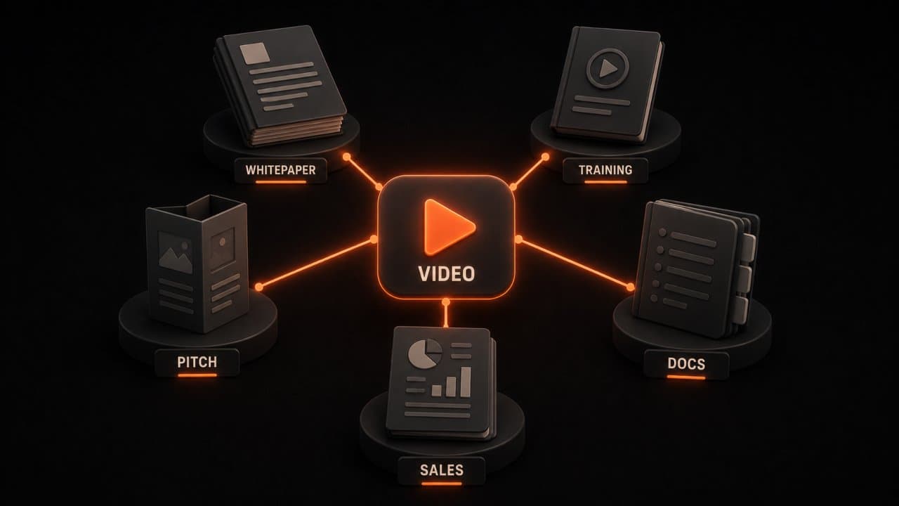 Five business document types — whitepaper, training, pitch, docs, and sales — radiating connection lines to a central video play button