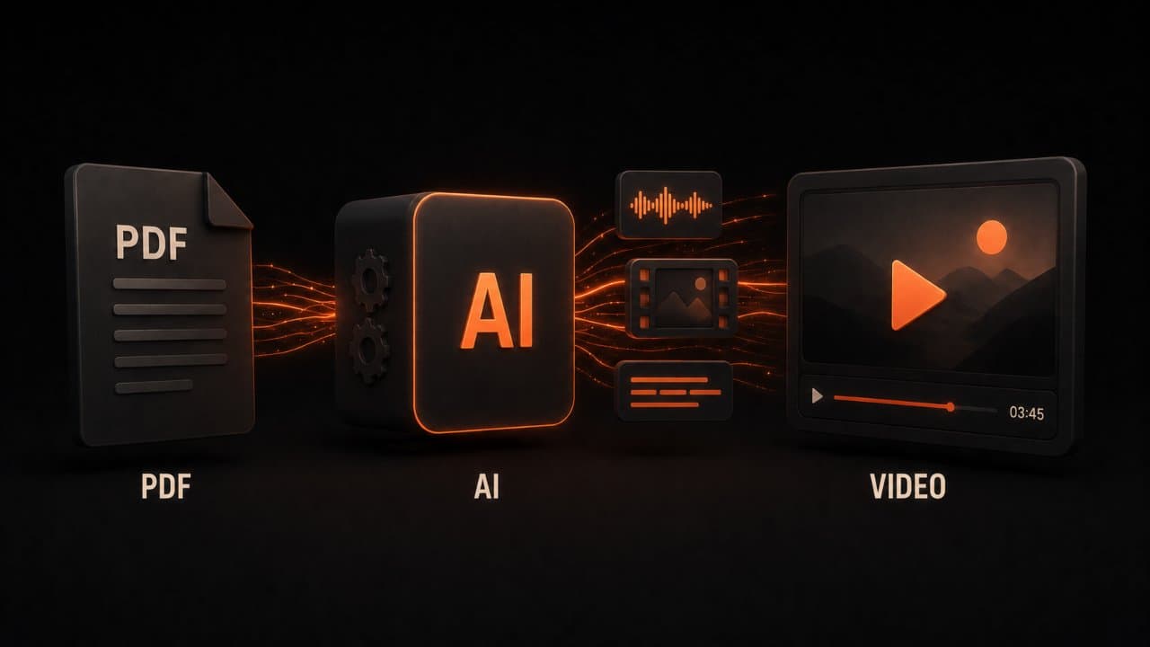 PDF document feeding into an AI processing cube that outputs a finished video player with narration and visual elements