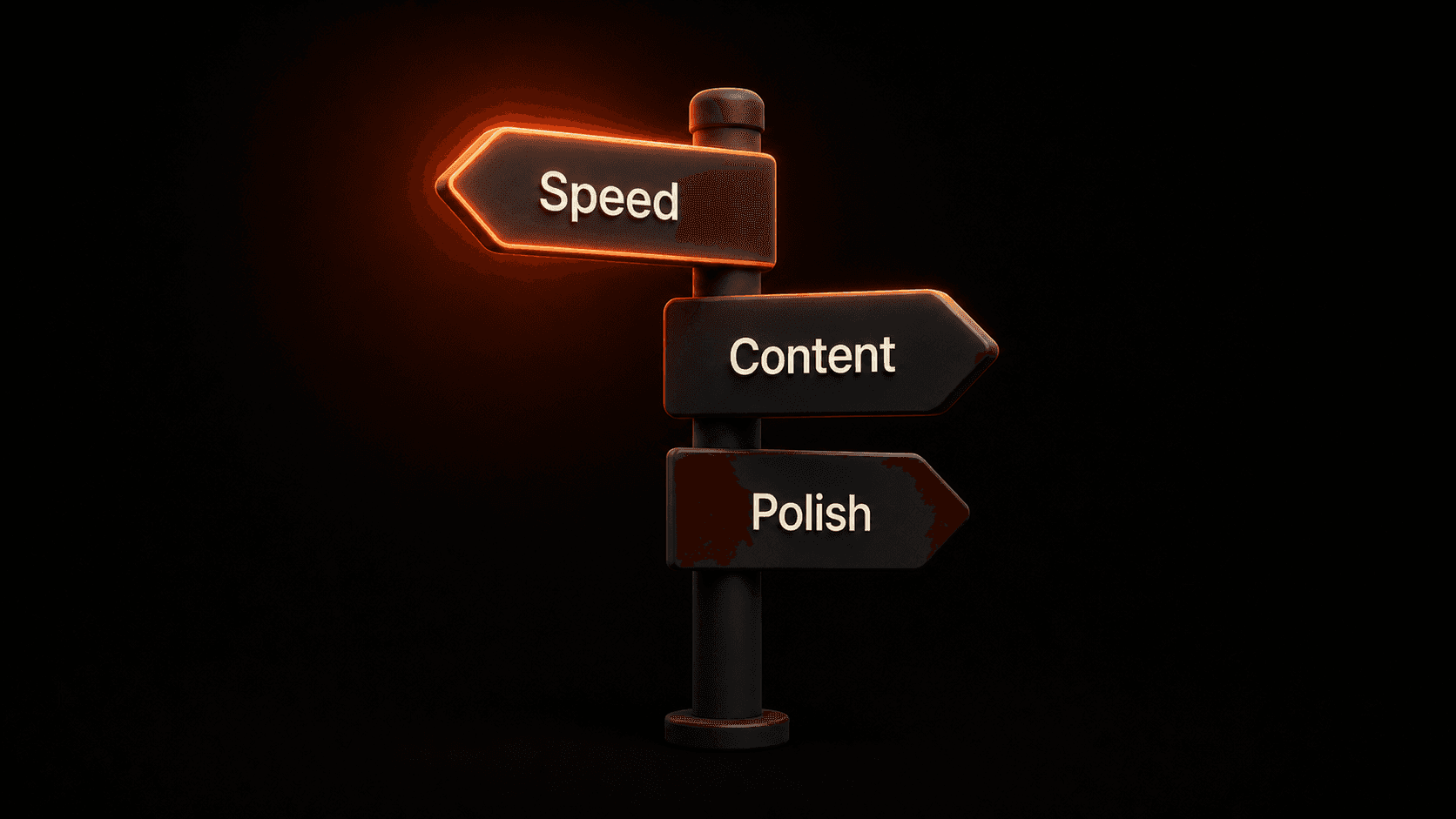 A signpost with three directions for Speed, Content, and Polish when choosing a video platform