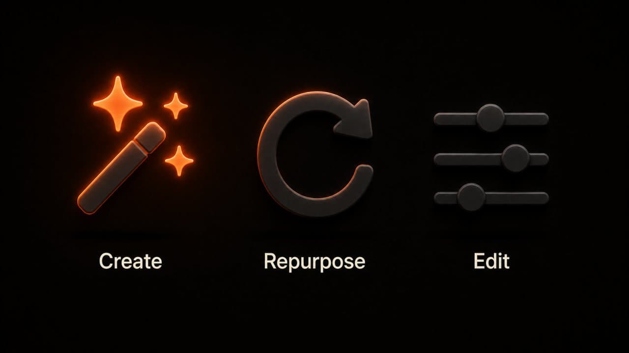 Three icons showing Create, Repurpose, and Edit as distinct video platform strengths