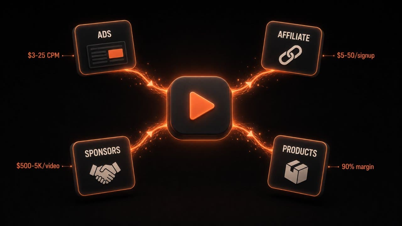 Stylized 3D scene of a faceless channel icon with four revenue branches labeled Ads Affiliate Sponsors and Products