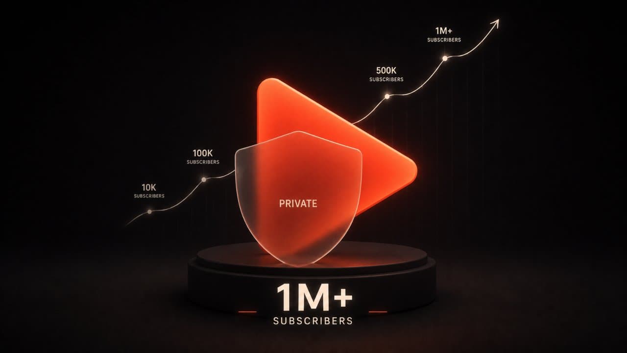 3D editorial illustration of a YouTube play button growing behind a translucent privacy shield with no human face anywhere