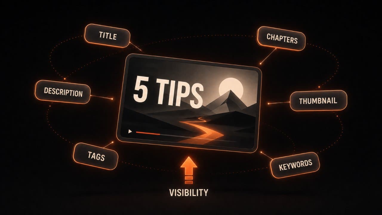 3D editorial illustration of a video thumbnail orbited by floating SEO tags for title description and chapters