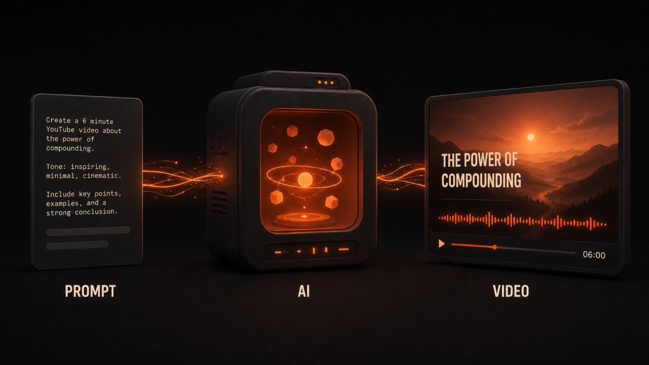 Stylized 3D scene showing a text prompt feeding into an AI engine that outputs a polished faceless YouTube video