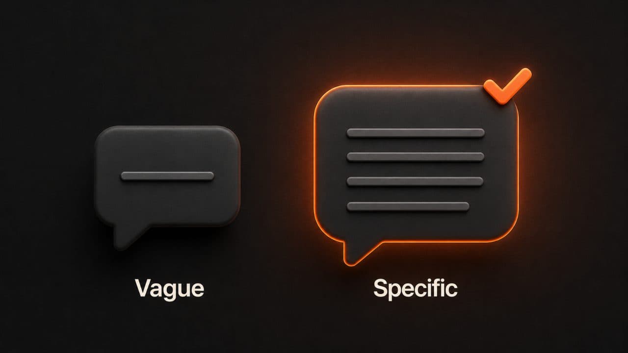 Two chat bubbles comparing a vague prompt versus a specific detailed prompt for better AI video results