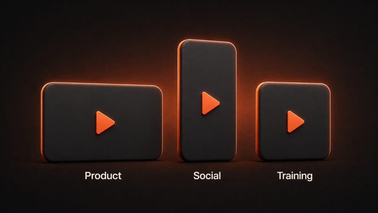 Three explainer video types showing Product, Social, and Training in different screen formats