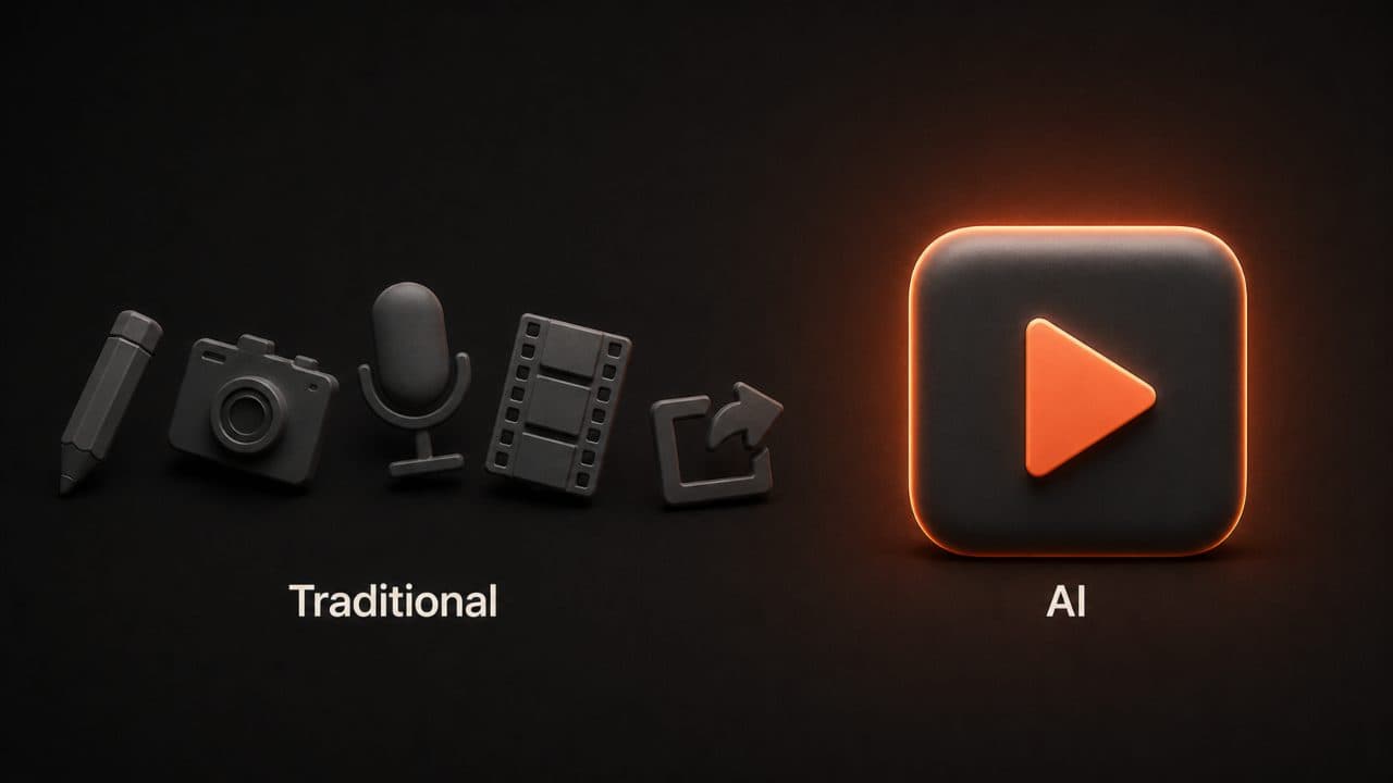 Traditional five-step video pipeline versus a single AI tool that handles everything