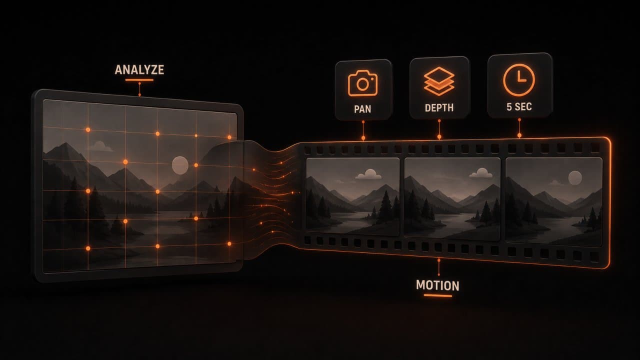 Static photograph with analysis grid overlay unfolding into a filmstrip showing progressive motion frames with pan and depth labels
